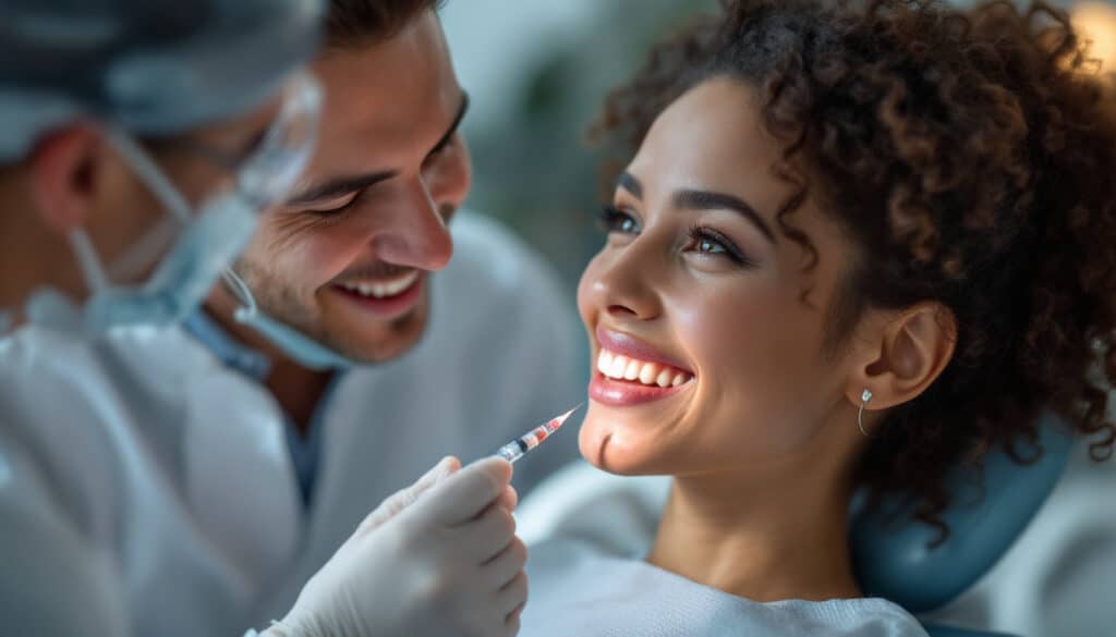 dentista sonriente hablando con paciente en consulta cercana