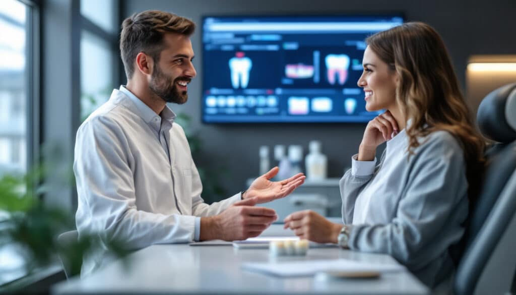 hombre y mujer en consulta medica frente a monitor moderno en oficina