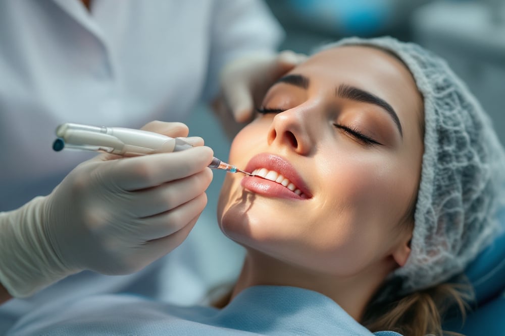 paciente relajada durante procedimiento dental con guantes y herramientas