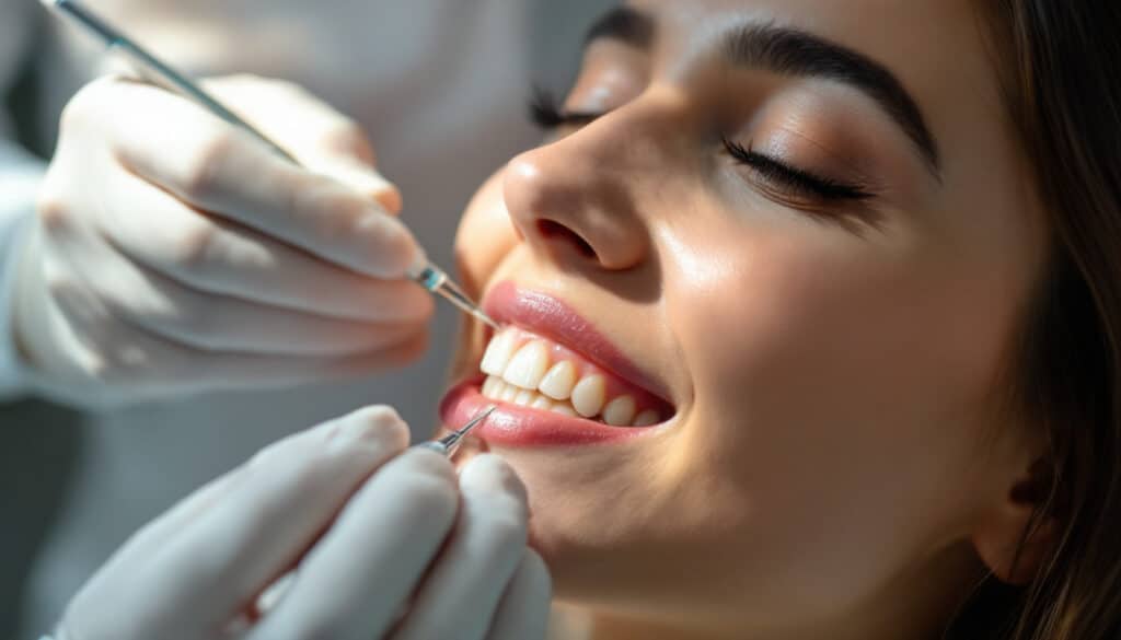 paciente sonriendo durante examen dental en clinica moderna