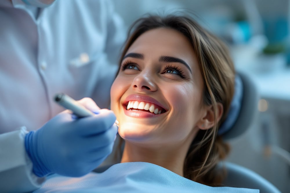 paciente sonriente en procedimiento dental clinica con luz brillante