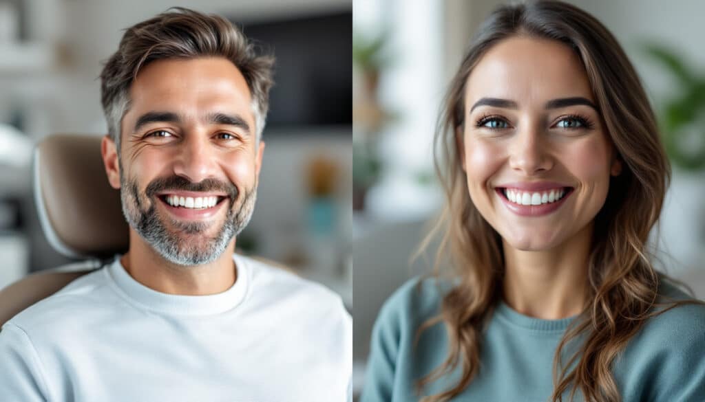 pareja sonriendo feliz despues de revision dental en clinica