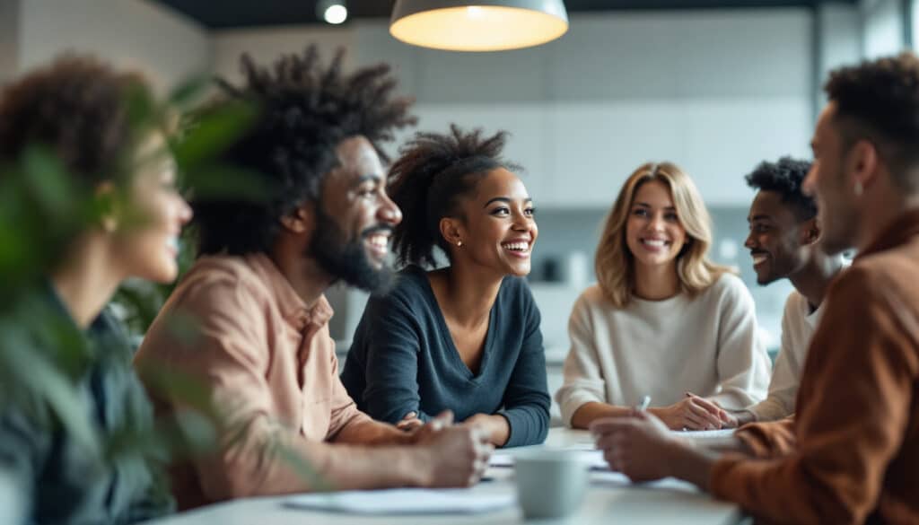 personas sonriendo reunidas en ambiente casual discusion colaborativa