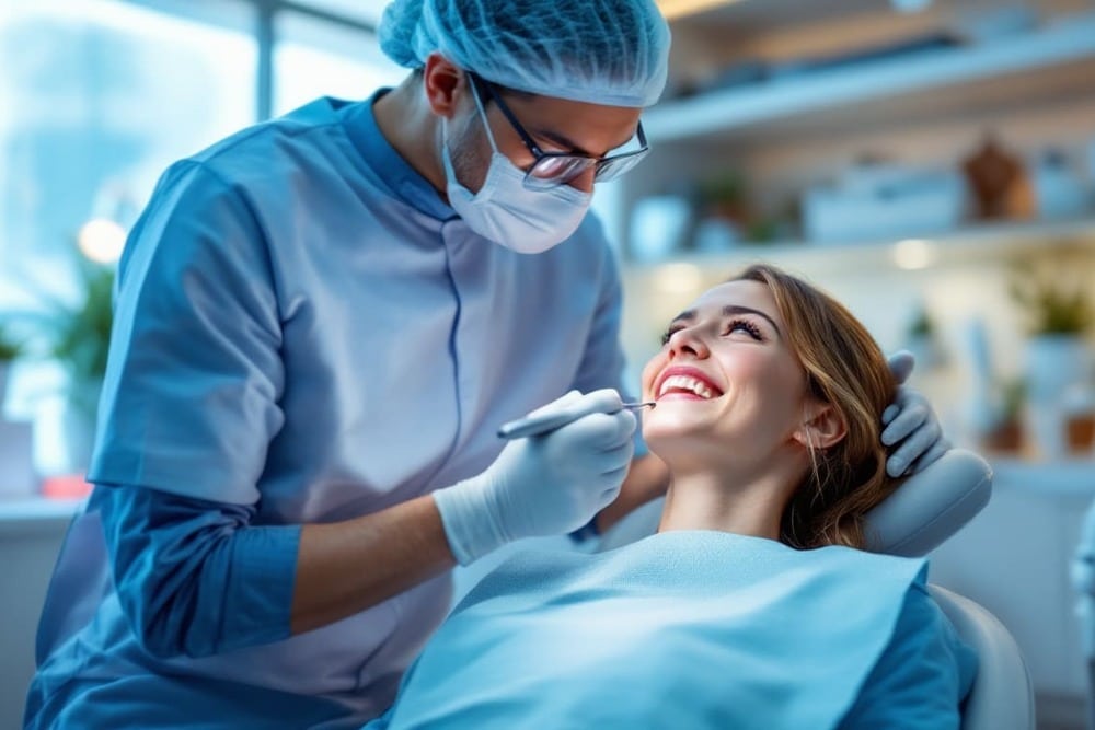 dentista realizando examen dental en consulta profesional