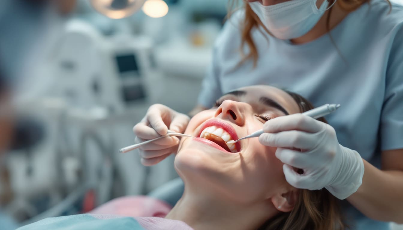 dentista revisando dientes de nina acostada en consulta con guantes y herramientas