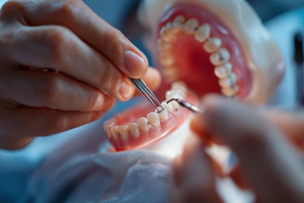 dentista trabajando en boca de paciente con guantes y herramienta dental luz azul