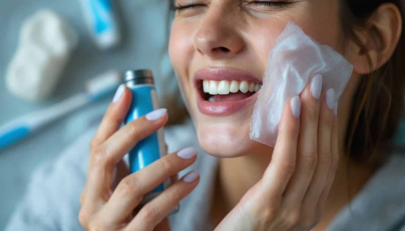 mujer aplicando espuma toallita en rostro por dolor