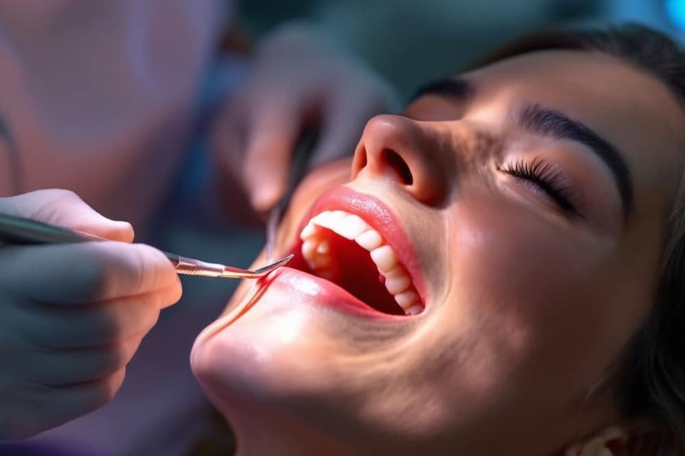 paciente sonriendo en clinica dental durante revision con luz herramienta y dentista