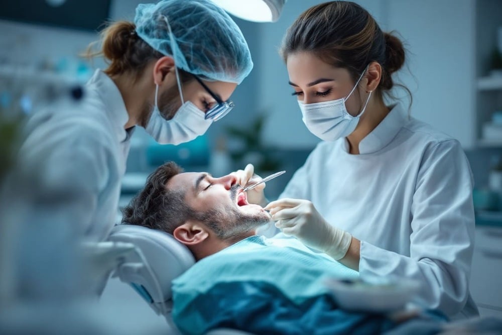 dentistas atendiendo paciente en consulta dental con mascarillas y guantes en clinica