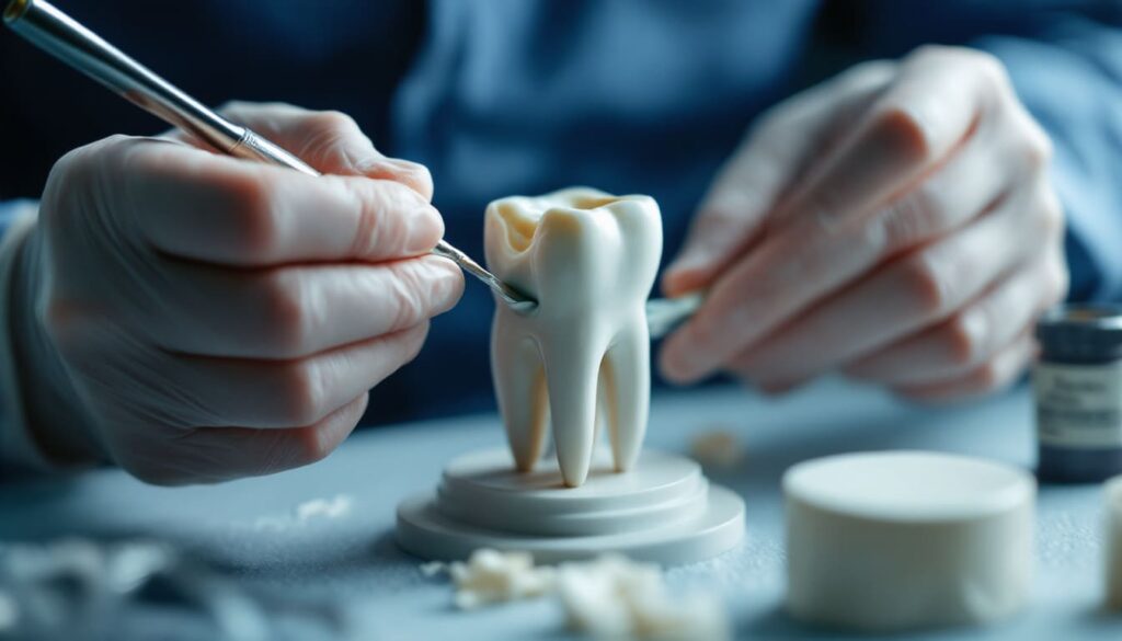 detalle de mano sujetando modelo de diente en laboratorio dental