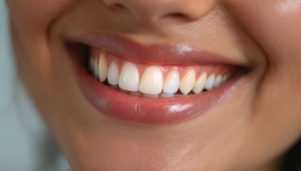 detalle de sonrisa natural con dientes blancos y humedad en los labios