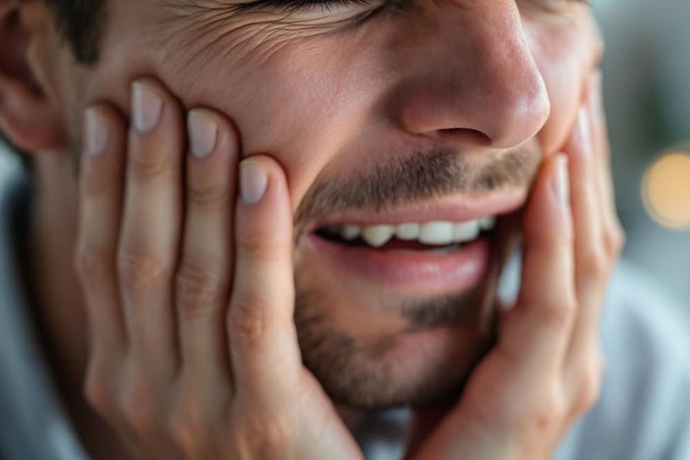 hombre con expresion de dolor sujetandose la cara en ambiente interior