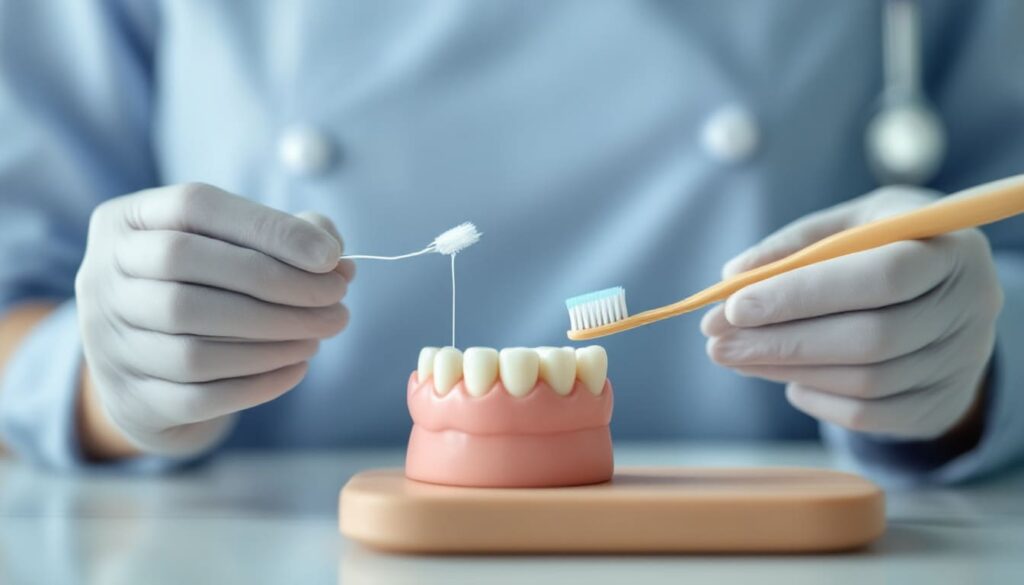 manos de dentista aplicando cepillo dental en modelo de dientes en clinica