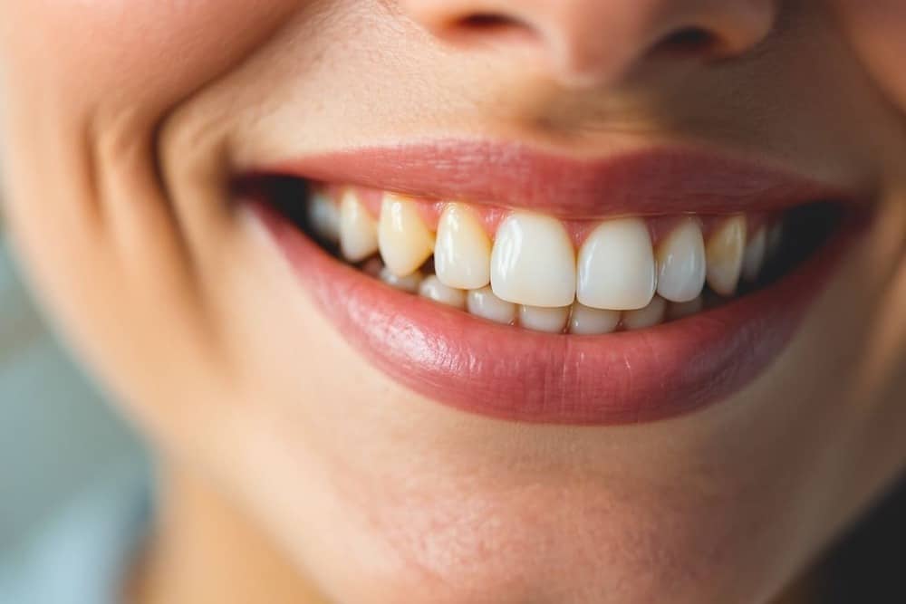 sonrisa de persona con labios rosados y dientes blancos enfocados
