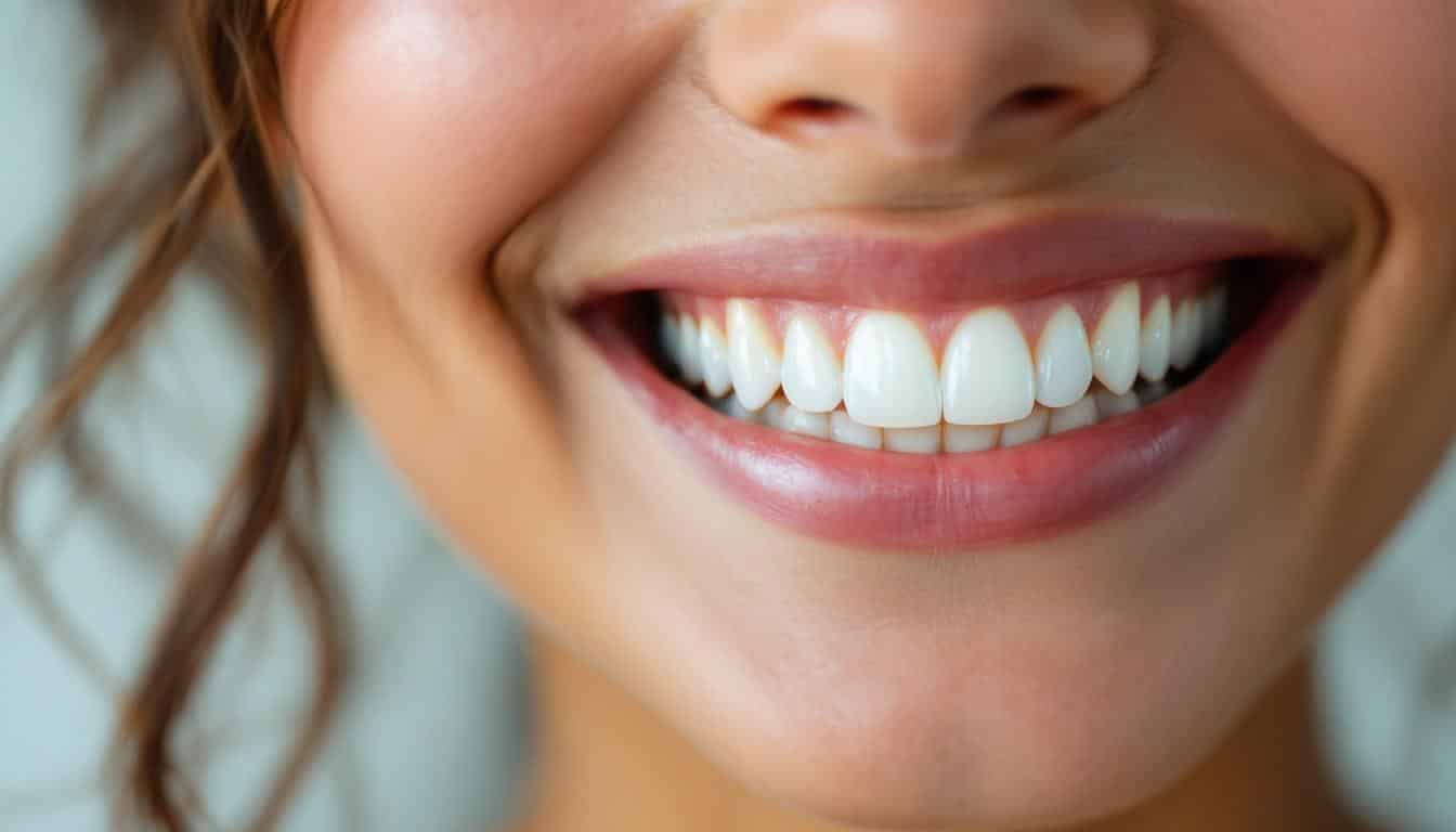 A photograph of a close-up of a smiling person showcasing their zirconia veneers