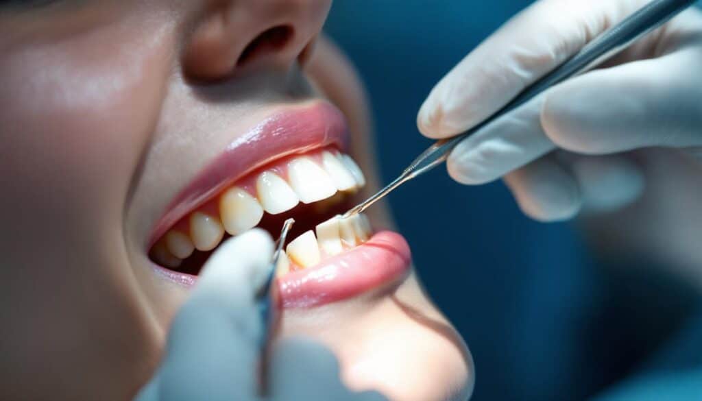 A photograph of a close-up of a dental professional carefully placing a ceramic dental bridge in a patient's mouth