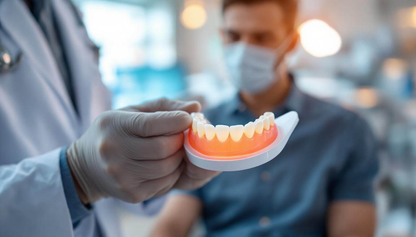 mano sosteniendo dentadura