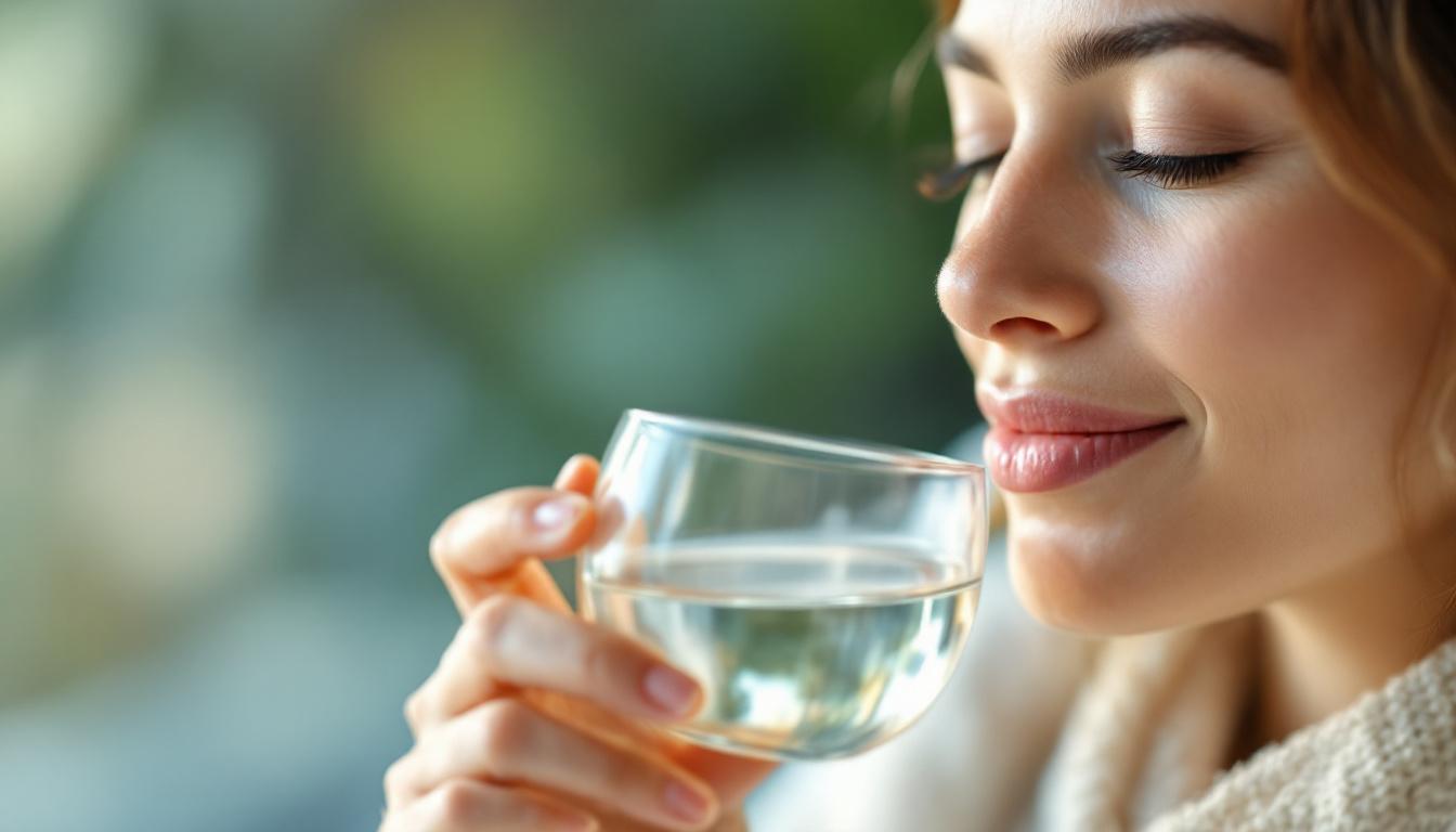 A photograph of a close-up of a person gently sipping water or using a moisturizing lip balm