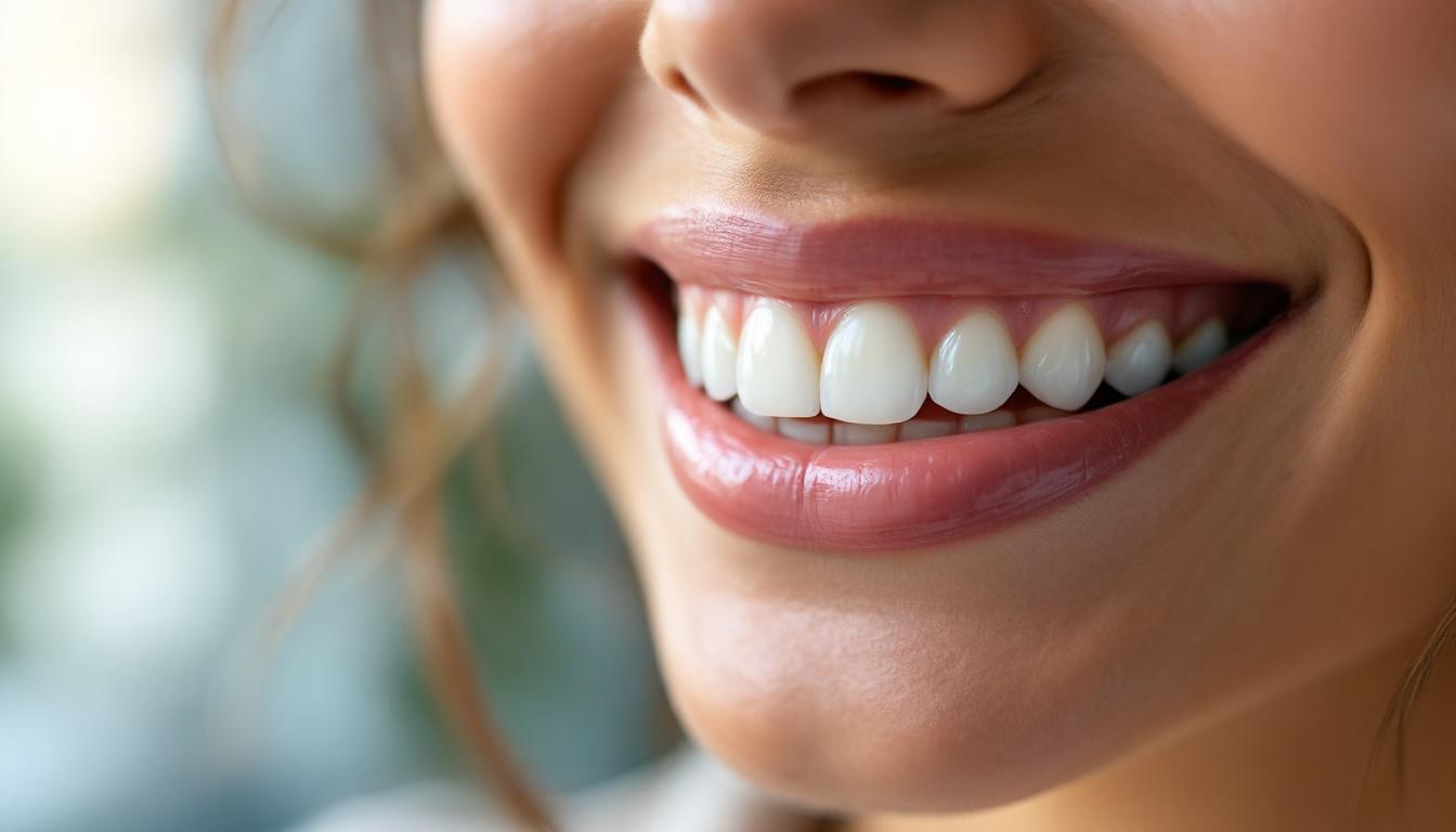 A photograph of a close-up of a smiling person showcasing their dental veneers