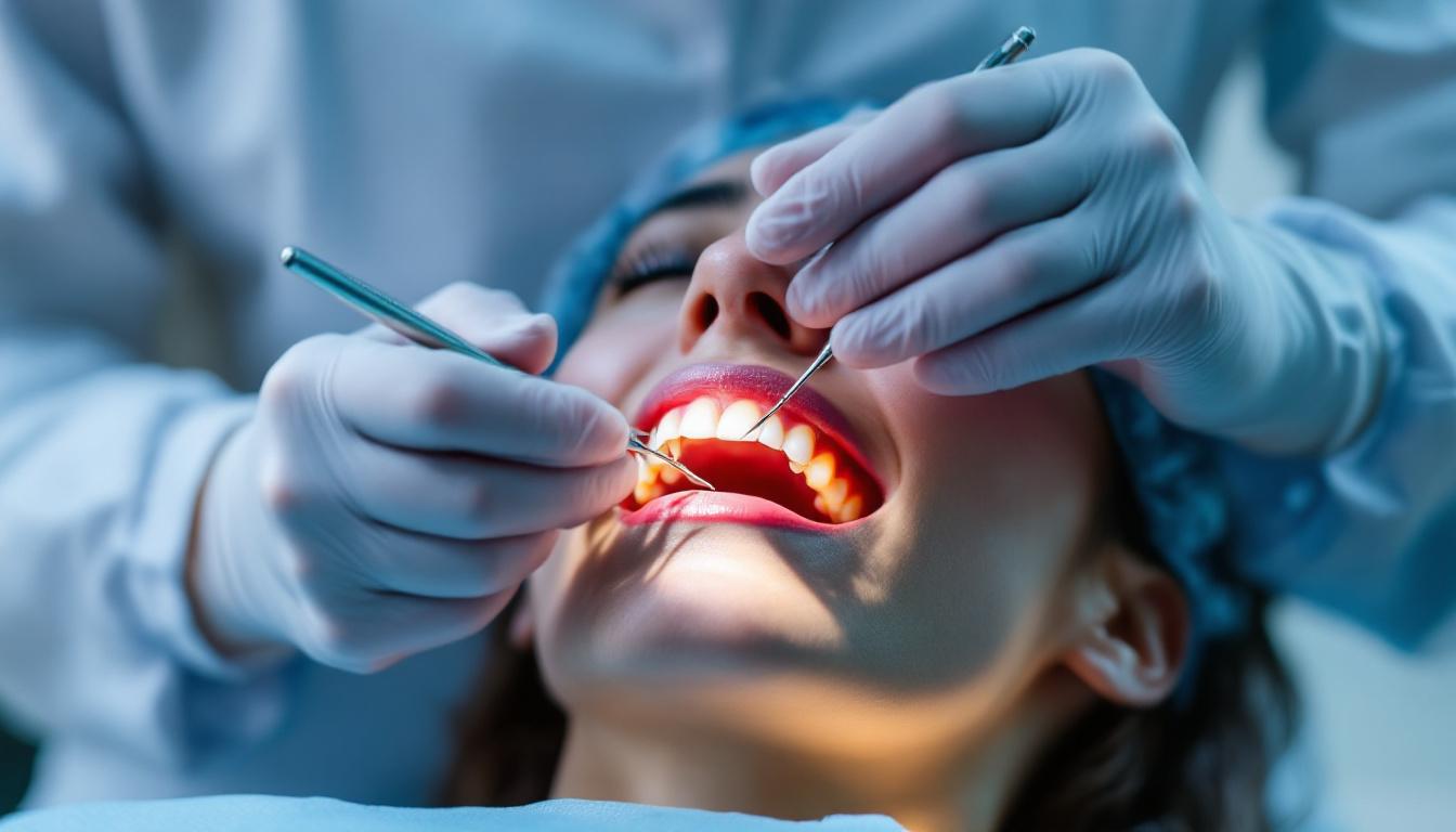 Cirugía de bolsas periodontales A photograph of a dental professional performing a periodontal surgery procedure