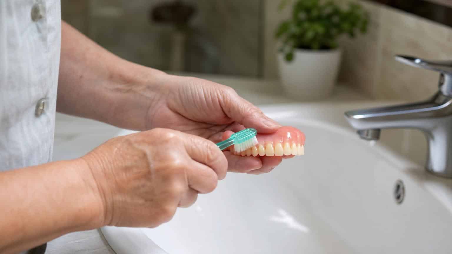 Close-up of a person's hands using a green toothbrush to clean a set of dentures over a white bathroom sink.