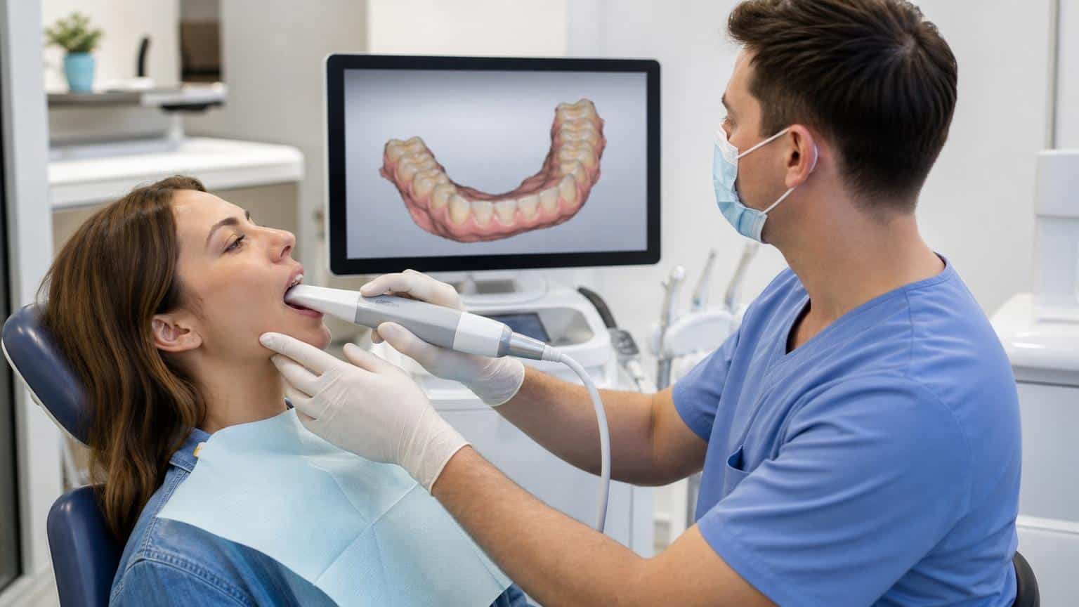 Dentist using a handheld intraoral scanner on a patient's teeth while a 3D digital model of the jaw appears on a monitor in the background.