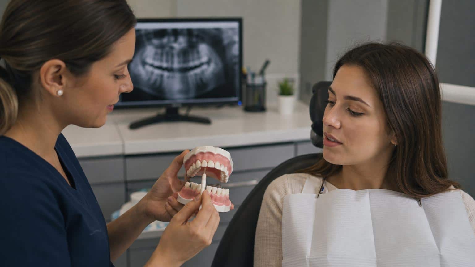 Dentist showing a dental model of teeth to a patient in a clinic, with a dental X-ray visible on a computer screen in the background.
