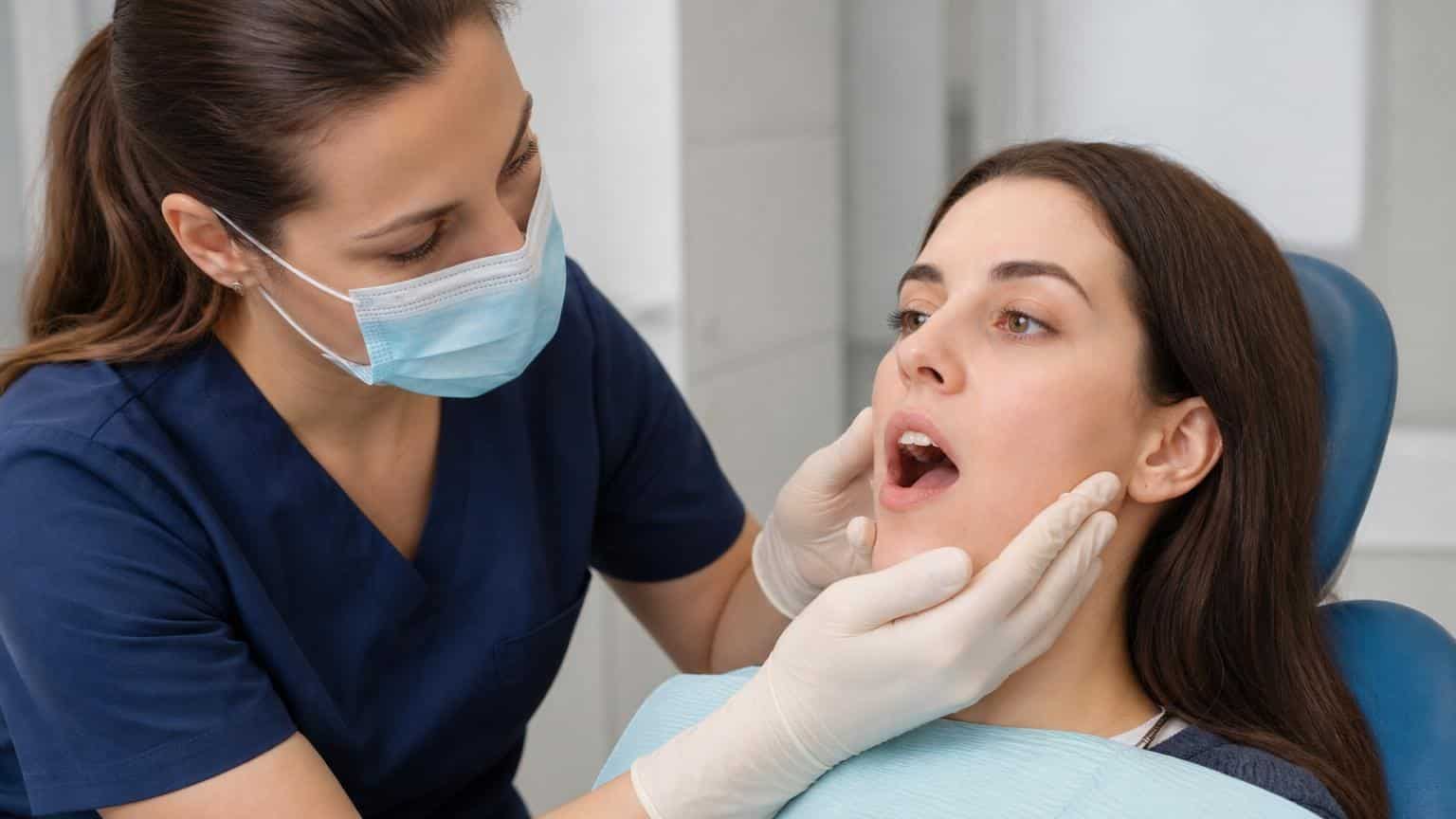 Female dentist in blue scrubs and a face mask examining a patient's open mouth and jaw alignment in a bright dental office.