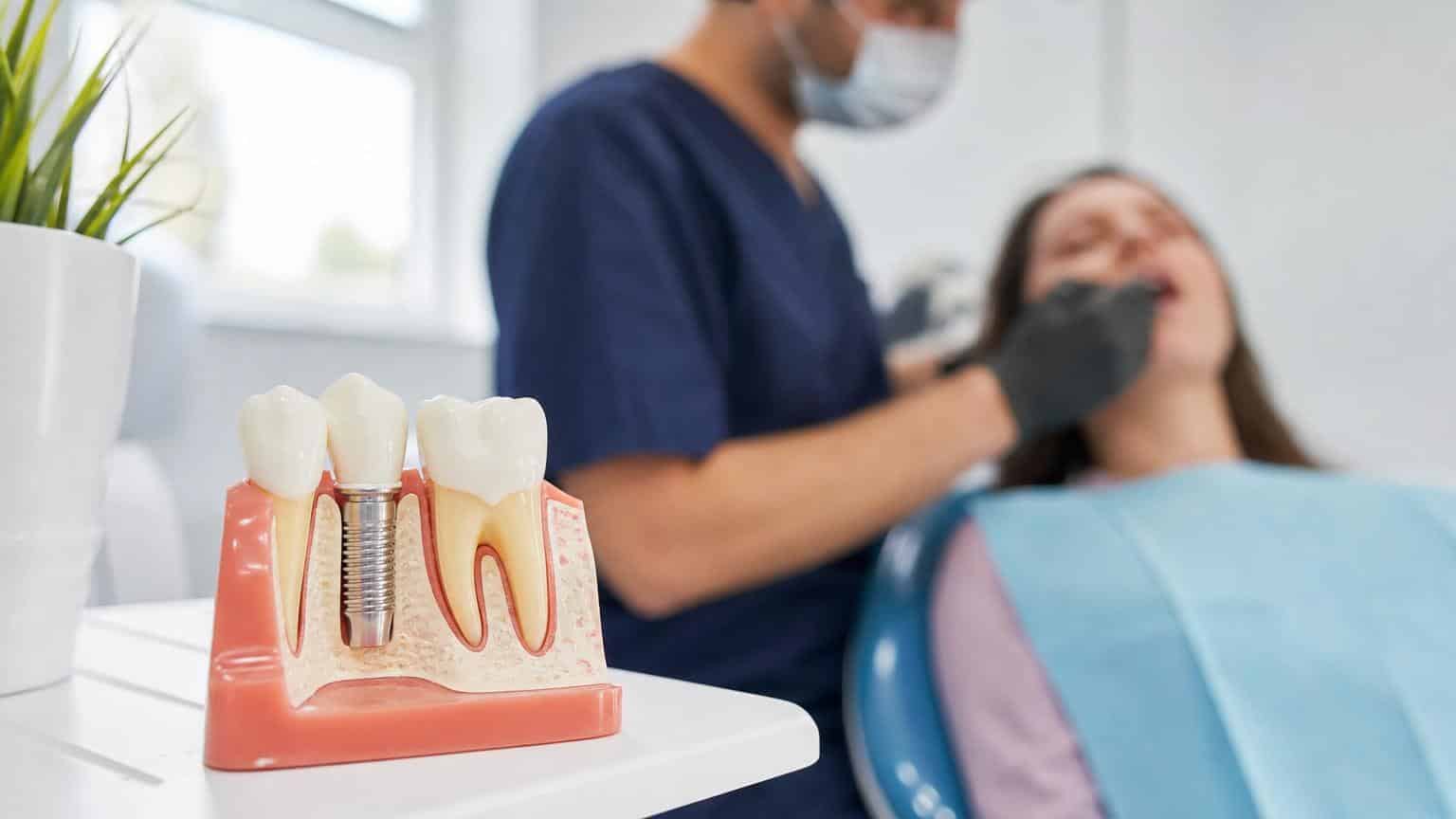 Anatomical model of a dental implant in a jawbone on a clinic table, with a dentist treating a patient in the blurred background. Anatomical model of a dental implant in a jawbone on a clinic table, with a dentist treating a patient in the blurred background.