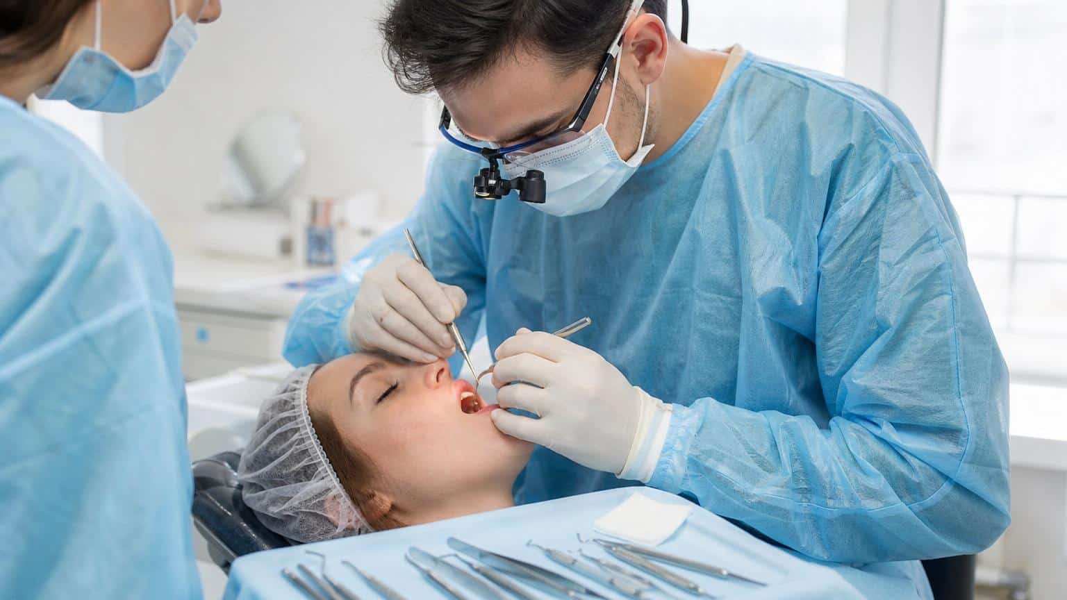 Dentist wearing surgical loupes and blue scrubs performing a precise oral procedure on a patient in a bright, modern dental clinic.