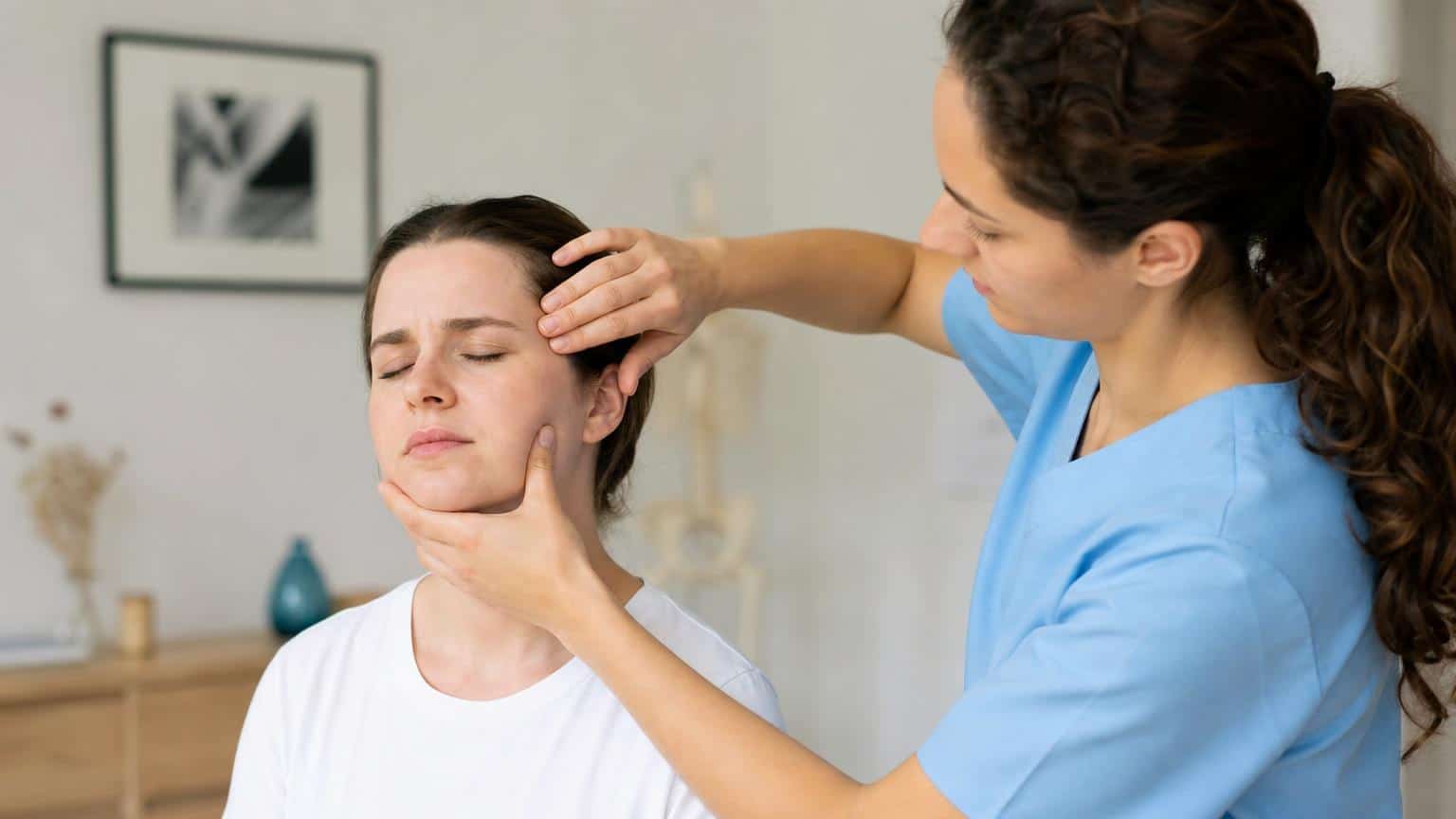 Physiotherapist in blue scrubs palpating the jaw and temple of a woman with closed eyes in a bright clinical setting.